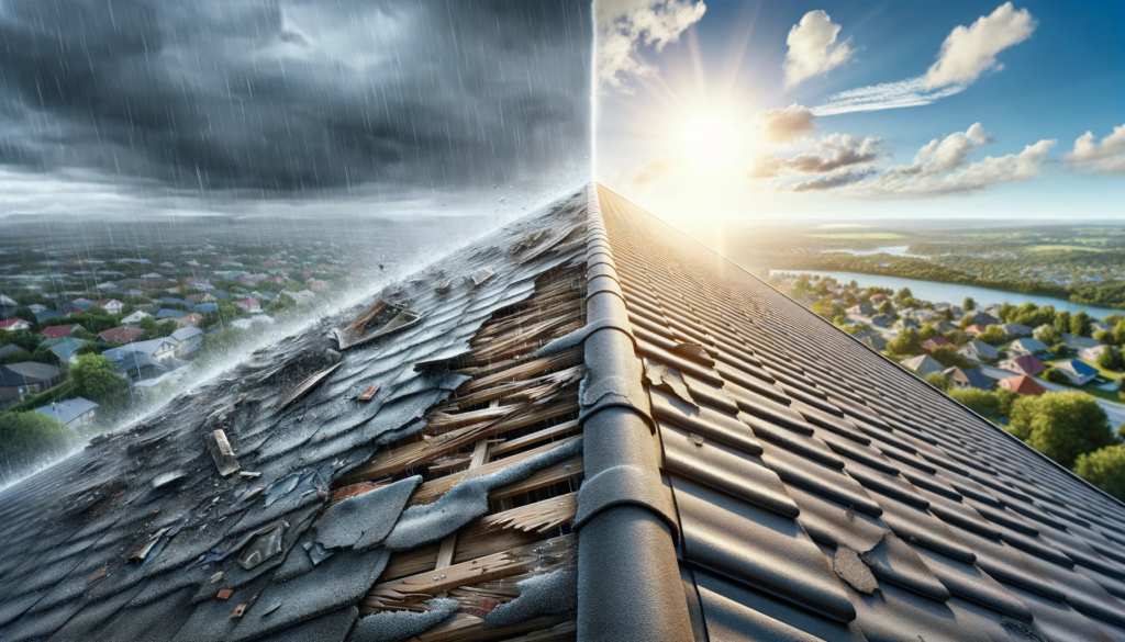 Dégâts sur toiture en tuiles après une tempête illustrant l'importance de la rénovation et de l'entretien de toit