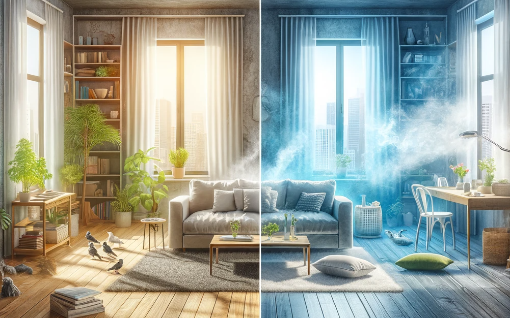 Comparaison Avant et Après l'Installation d'une VMC Double Flux : le salon lumineux avec des plantes et un air pur à gauche, contre le même salon rempli de fumée illustrant la pollution intérieure à droite.