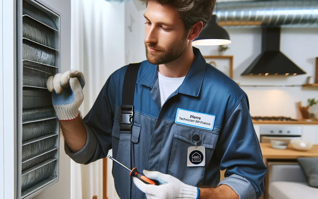 Entretien Professionnel de VMC Double Flux Un technicien professionnel RP France en tenue de travail avec un badge d'identification RP france est méticuleusement engagé dans l'entretien d'une VMC double flux dans un intérieur moderne. Il ajuste avec précaution les filtres de l'unité, outil en main, illustrant un service d'entretien de qualité. L'arrière-plan montre une cuisine élégante et bien éclairée, soulignant l'importance d'une bonne ventilation dans les espaces de vie contemporains. Cette image capture l'expertise et le soin nécessaires pour maintenir une VMC double flux, ce qui est essentiel pour un confort optimal et une efficacité énergétique dans la maison.