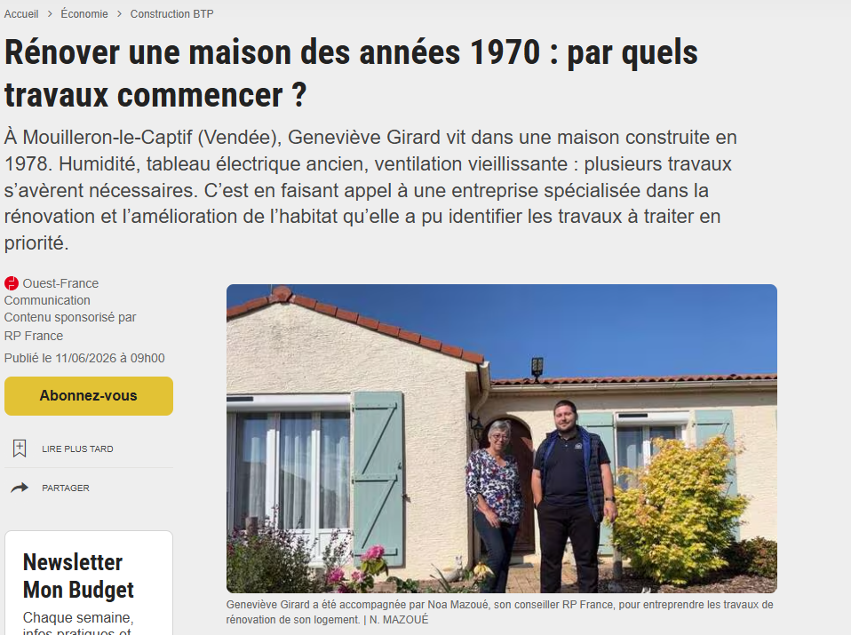 Rénovation d'une maison ancienne - Ouest-France met à l'honneur RP France en Vendée